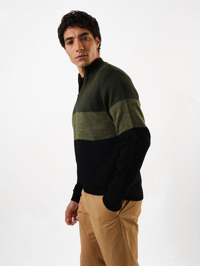 Men's Colourblocked Mock Collar Pullover Sweater