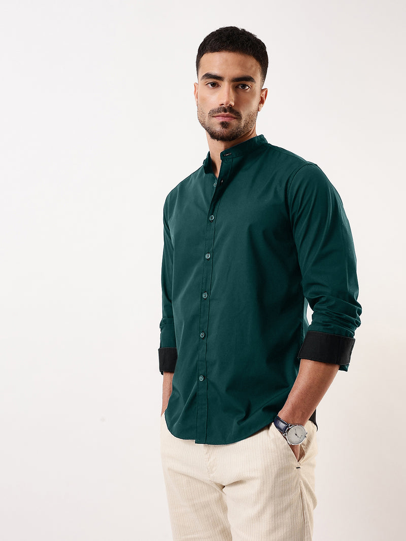 Men Bottle green Solid Mandarin Collar Full Sleeves Regular Fit Casual Shirt