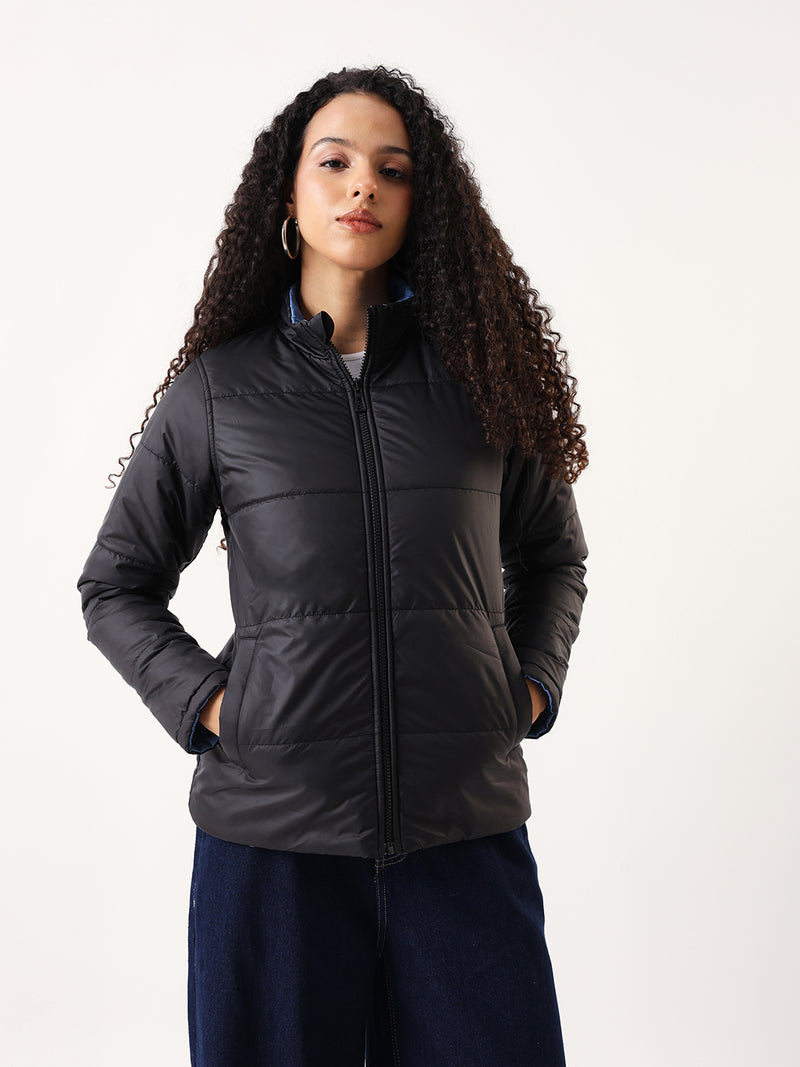 DL Woman Printed Mock Collar Reversible Puffer Jacket