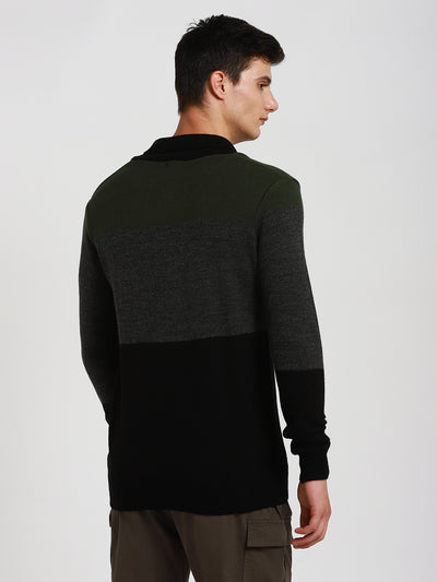 Men's Olive Colorblock Acrylic Pullover sweater