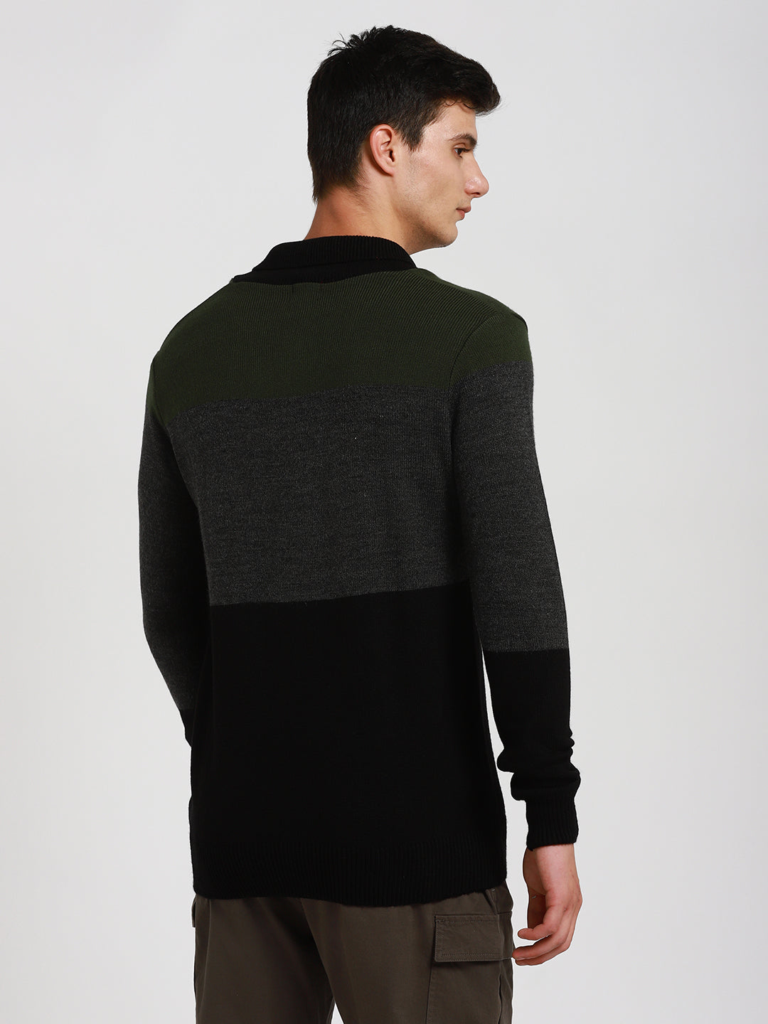 Men's Olive Colorblock Acrylic Pullover sweater