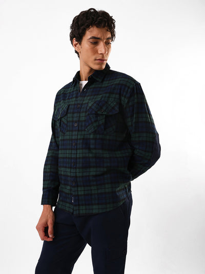 Men's Green Flannel Checks Spread Collar Relaxed Fit Casual Shirt