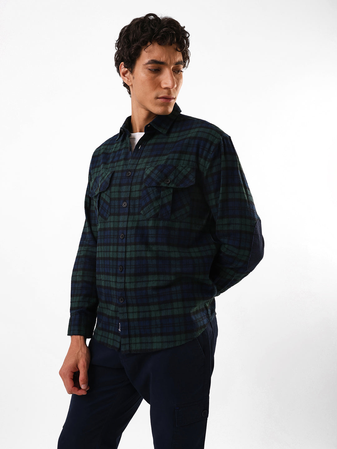 Men's Green Flannel Checks Spread Collar Relaxed Fit Casual Shirt