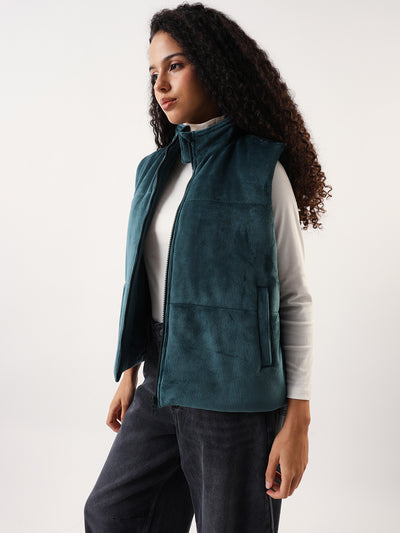 DL Woman Solid Stand Collar Sleeveless Velvet Jacket