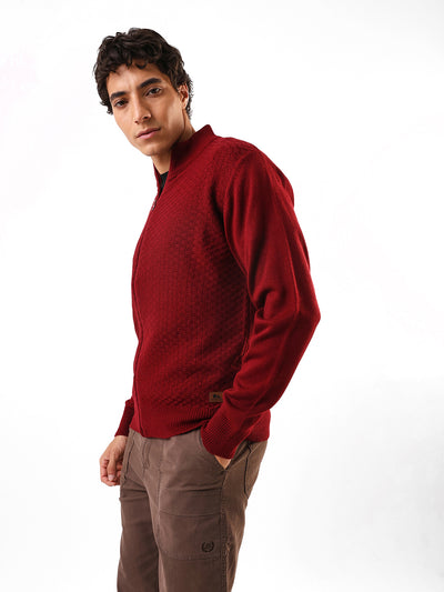 Men's Maroon Solid Self Design Mock Collar Front-Open Sweater