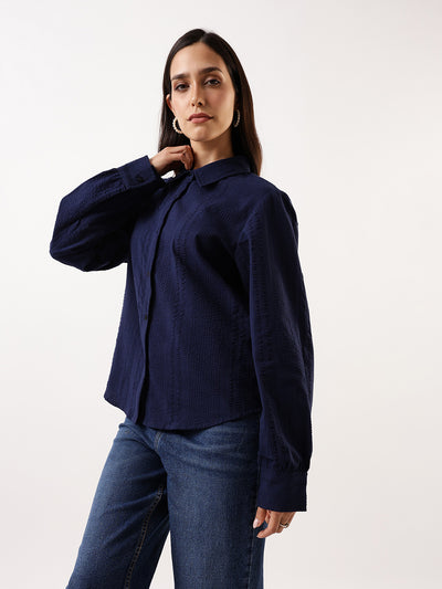 DL Woman Blue Textured Striped Spread Collar Full Sleeves Relaxed Fit Shirt