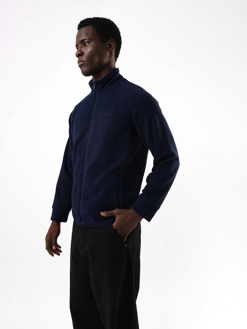 Men's Navy Solid Mock Collar Full Sleeves Open Front Jacket