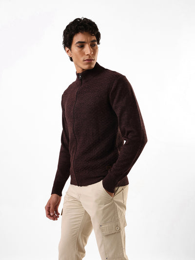 Men's Brown Solid Self Design Mock Collar Front-Open Sweater