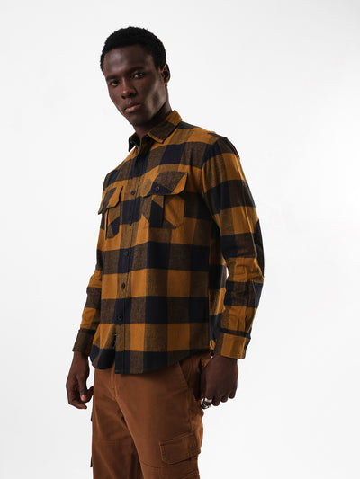 Men's Olive Flannel Checks Spread Collar Relaxed Fit Casual Shirt