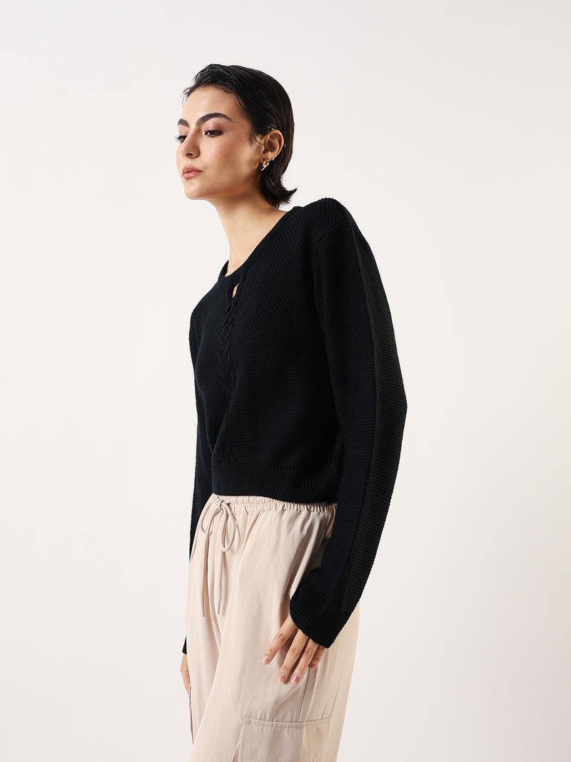 DL Woman Solid Round Neck Full Sleeves Cable Knit Sweater