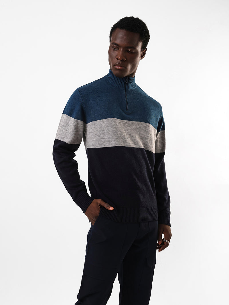Men's Colourblocked Mock Collar Pullover Sweater