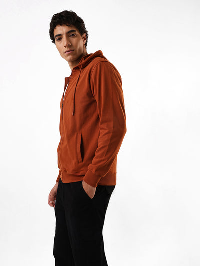Men's Brown Solid Hooded Front-Open Fleece Sweatshirt