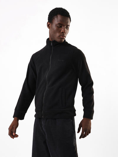 Men's Black Solid Mock Collar Full Sleeves Open Front Jacket