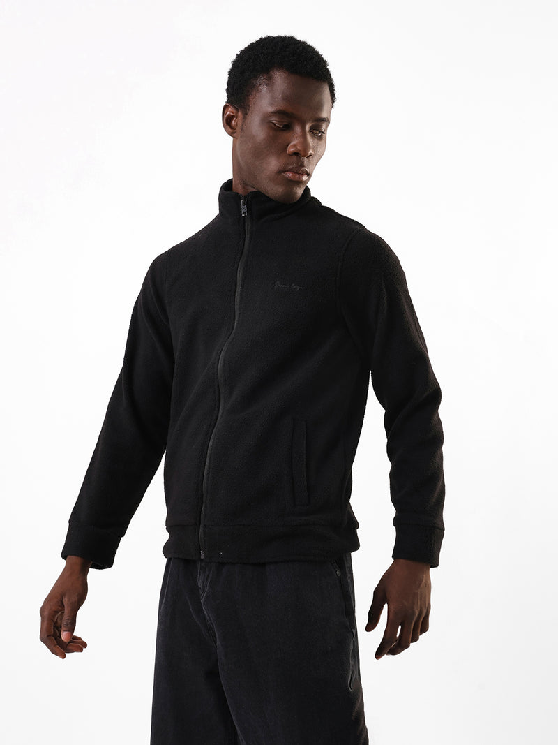 Men's Black Solid Mock Collar Full Sleeves Open Front Jacket