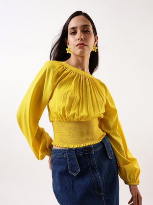 DL Woman Solid Round Neck Elasticated Top