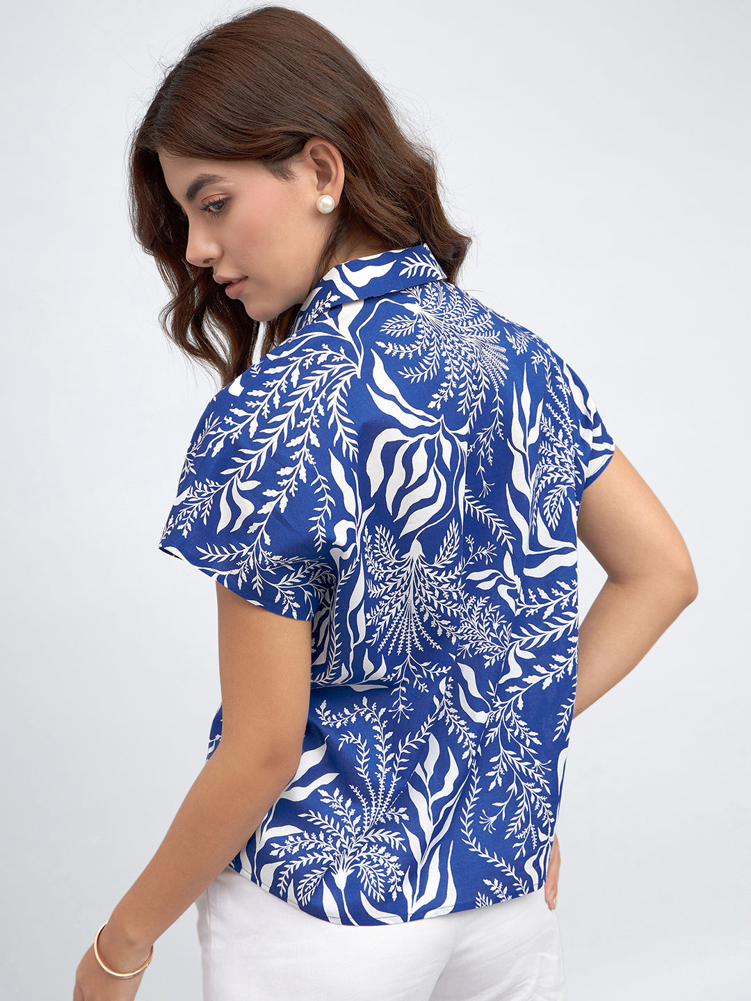 Spread Collar Regular Fit Tropical Print Blue Shirt