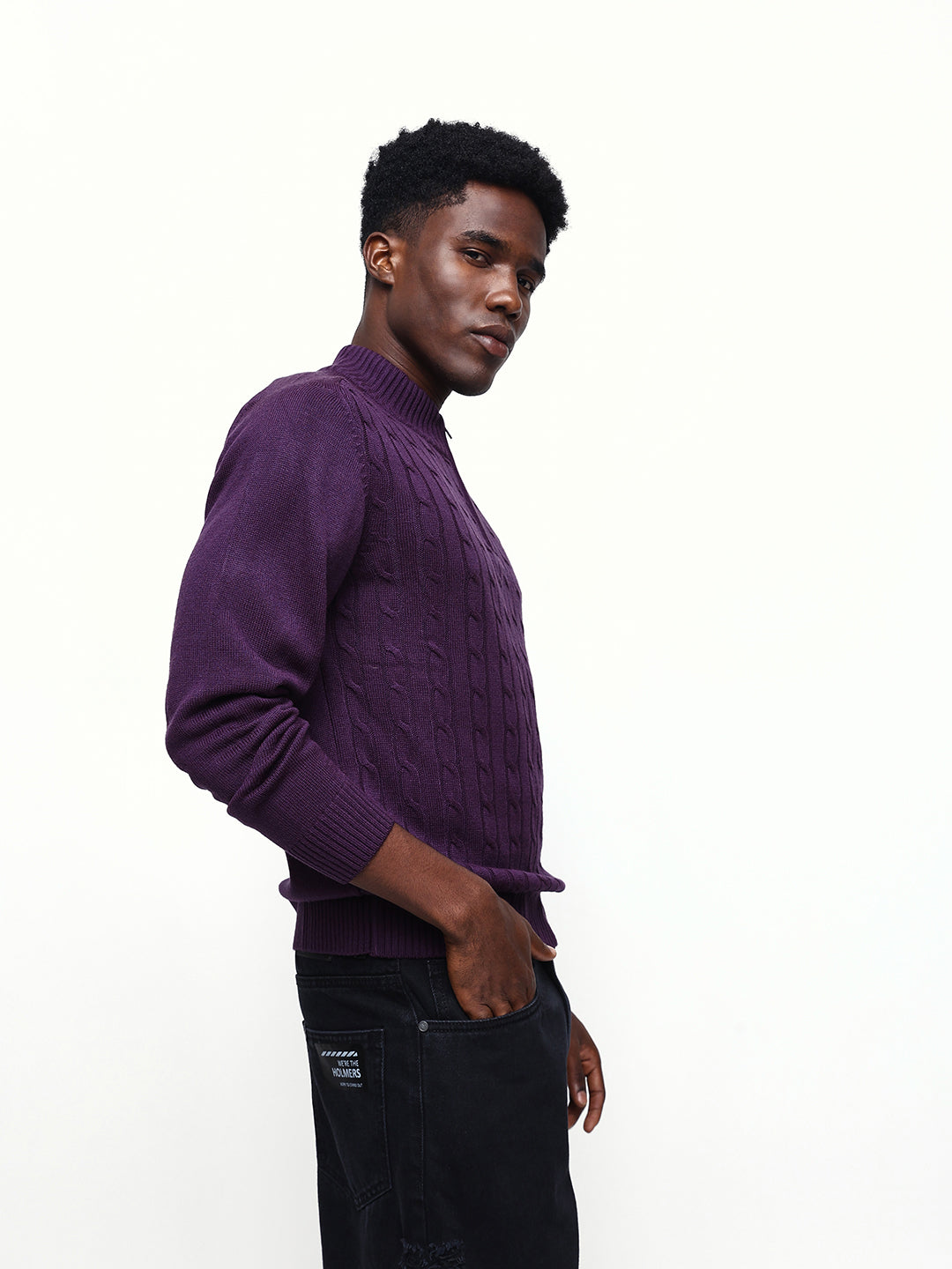 Men's Cable Knit Solid Mock Collar Pullover Sweater