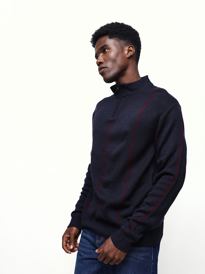 Men's Striped Mock Collar Pullover Sweater