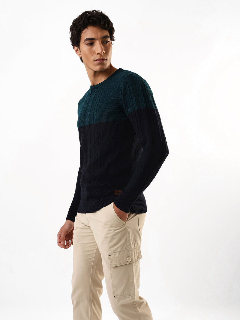 Men's Teal & Black Colourblocked Cable Knit Round Neck Pullover Sweater