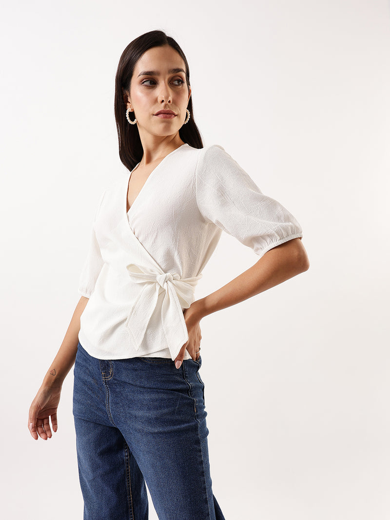 DL Woman White Solid Textured V-Neck Half Sleeves Tie-Up Top