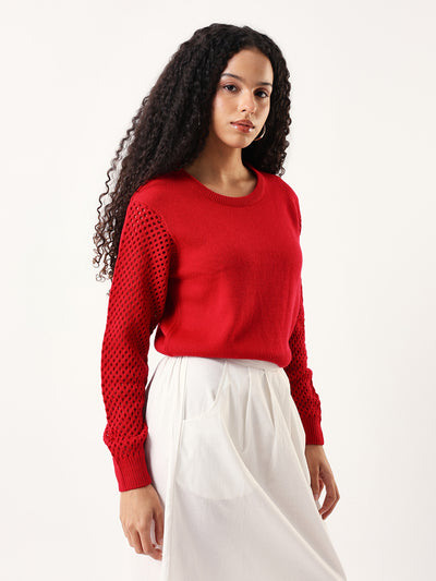 DL Woman Solid Round Neck Pointelle Knit Sweater