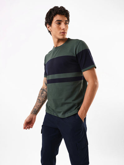 Men's Green Striped Round Neck Relaxed Fit T-shirt