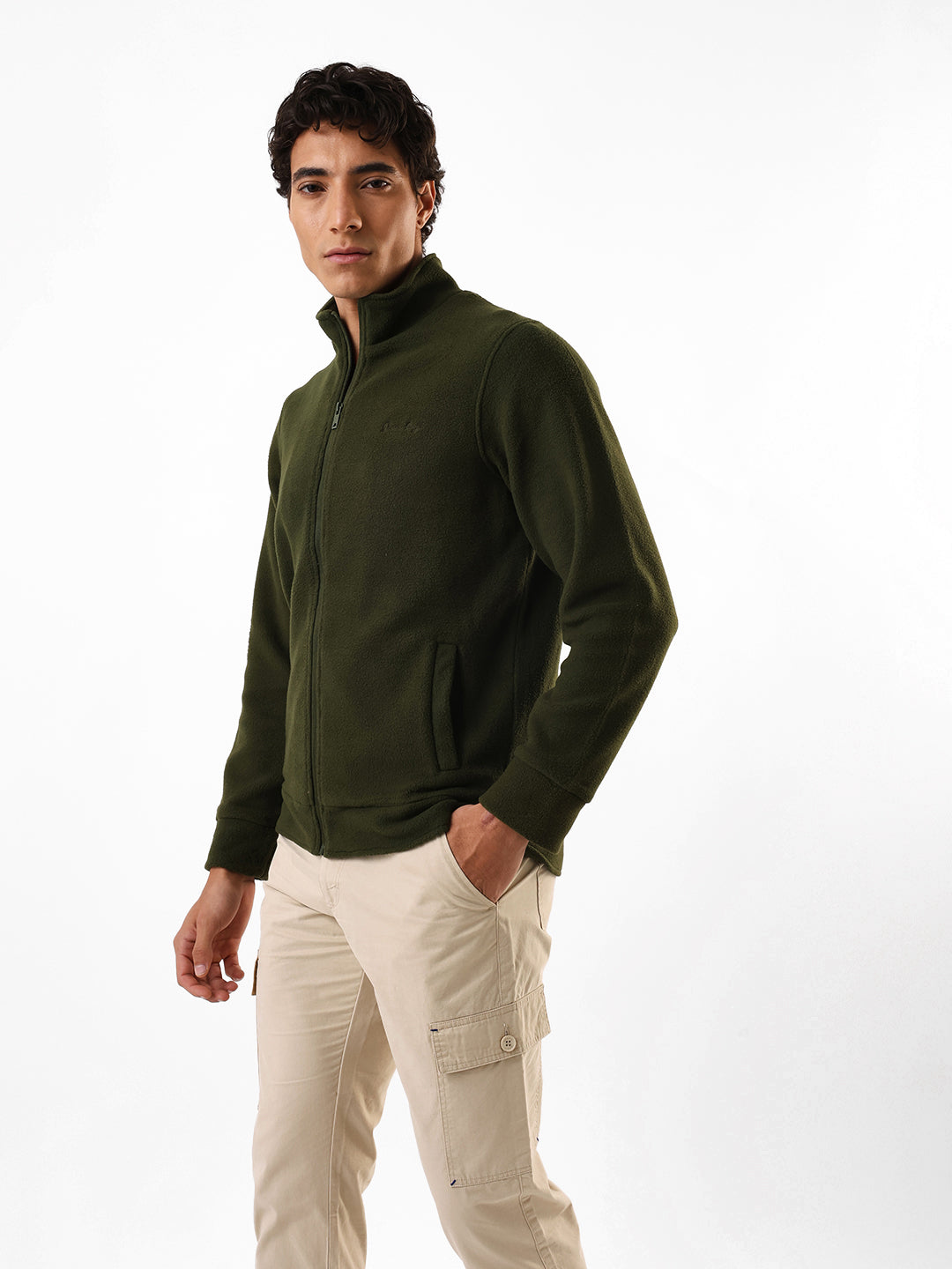 Men's Olive Solid Mock Collar Full Sleeves Open Front Jacket