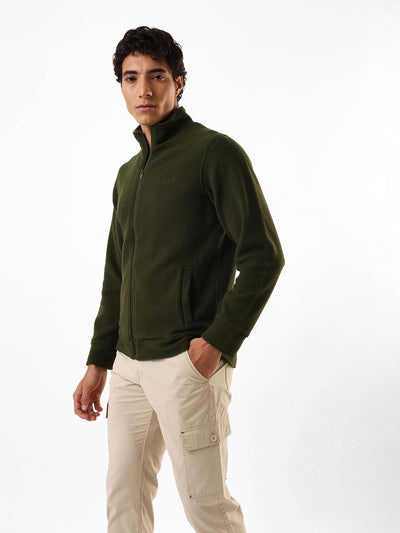 Men's Olive Solid Mock Collar Full Sleeves Open Front Jacket