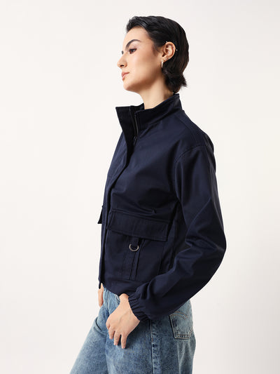 DL Woman Denim Blue Solid Mock Collar Full Sleeves Jacket