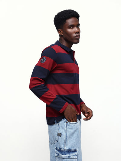 Men's Striped Polo Neck Full Sleeves Relaxed Fit T-shirt