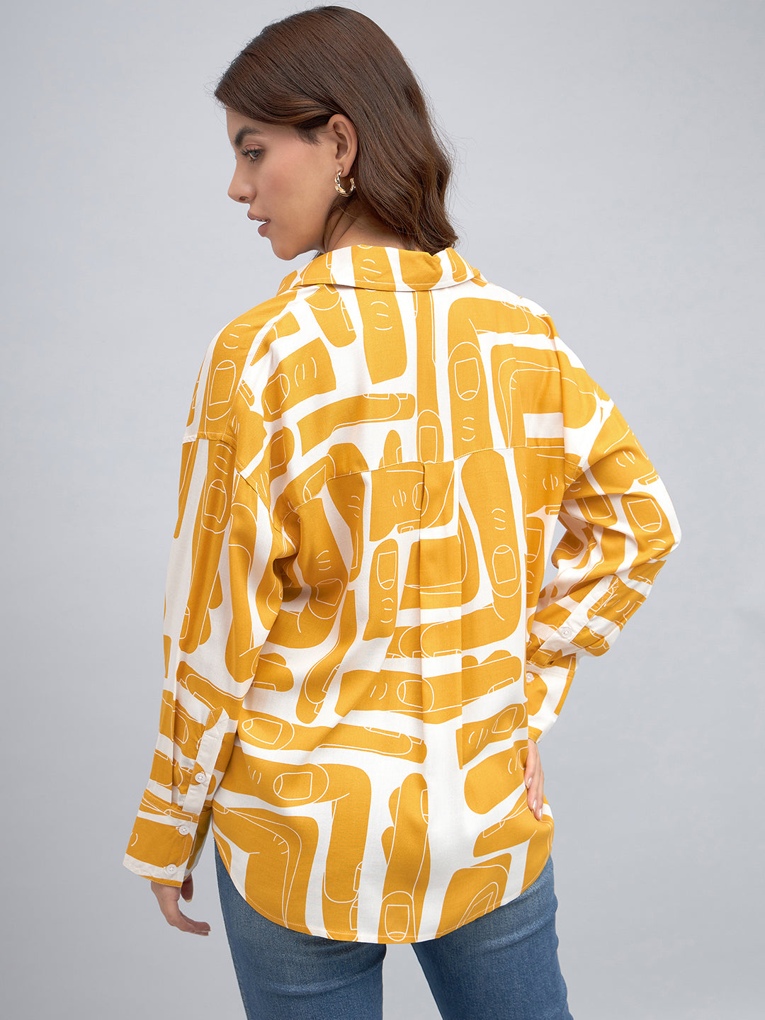 DL Woman Mustard Abstract Printed Oversized Casual Shirt