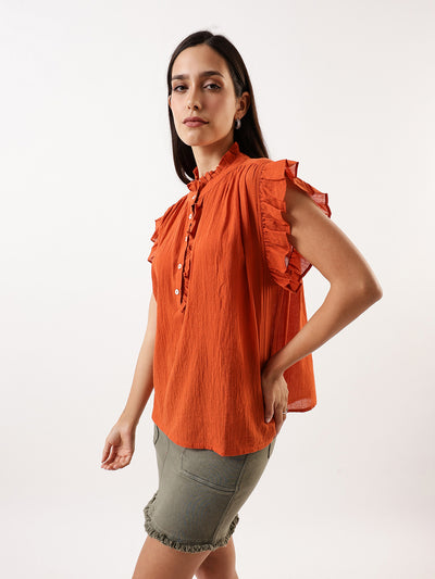 DL Woman Rust Solid Textured Sleeveless Round Neck Ruffle Top