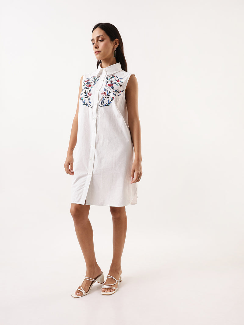 DL Woman White Embroidered Spread Collar Sleeveless Shirt Dress