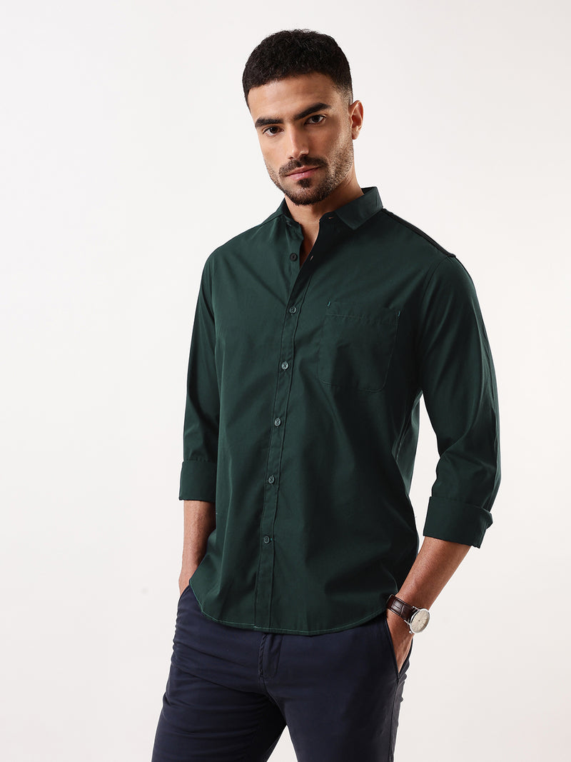 Men Bottle green Solid Spread Collar Full Sleeves Regular Fit Casual Shirt