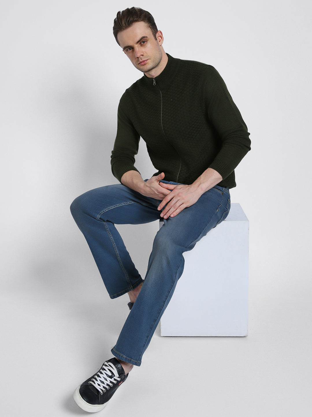 Dennis Lingo Men's Olive Solid Mock Full Sleeves Full Zip Sweater