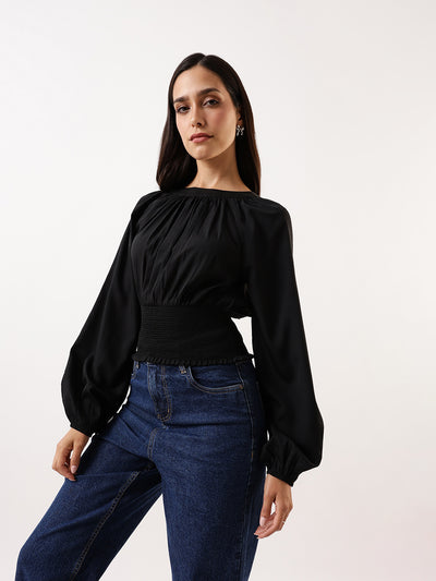 DL Woman Solid Round Neck Elasticated Top