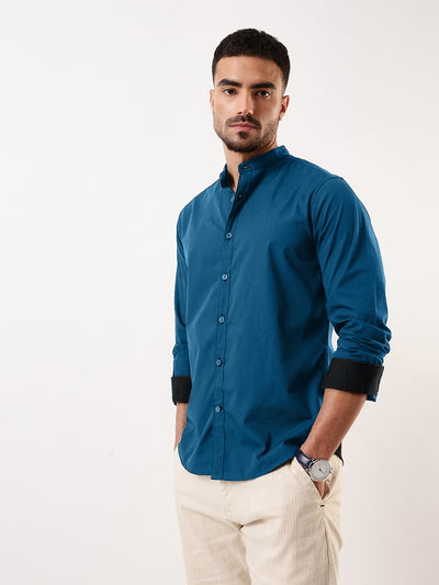 Men Teal Solid Mandarin Collar Full Sleeves Regular Fit Casual Shirt