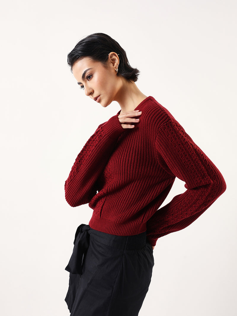 DL Woman Solid Round Neck Full Sleeves Crochet Sweater