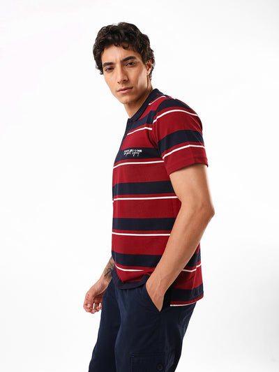 Men's Maroon Striped Polo Collar Relaxed Fit T-shirt