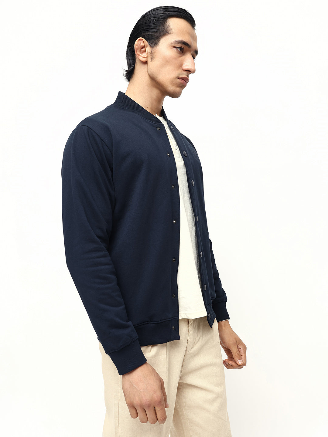 Men's Navy Blue Solid Rib Collar Full Sleeves Sweatshirt