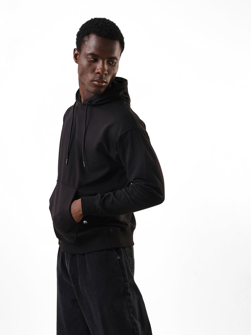 Men's Black Solid Hooded Pullover Fleece Sweatshirt