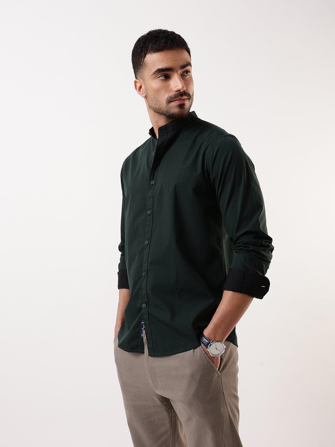 Men's Bottle green Solid Mandarin Collar Full Sleeves Regular Fit Casual Shirt