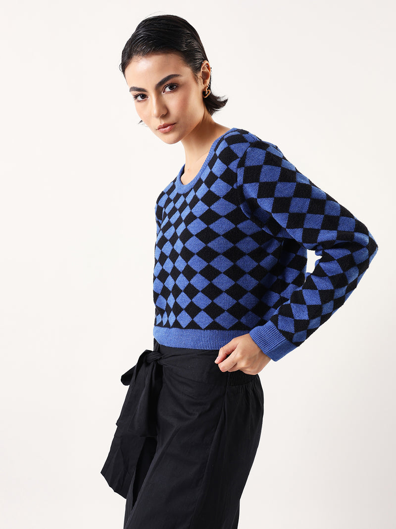 DL Woman Diamond Checks Round Neck Full Sleeves Sweater