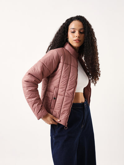 DL Woman Dusty Pink Solid Stand Collar Full sleeves Puffer Jacket