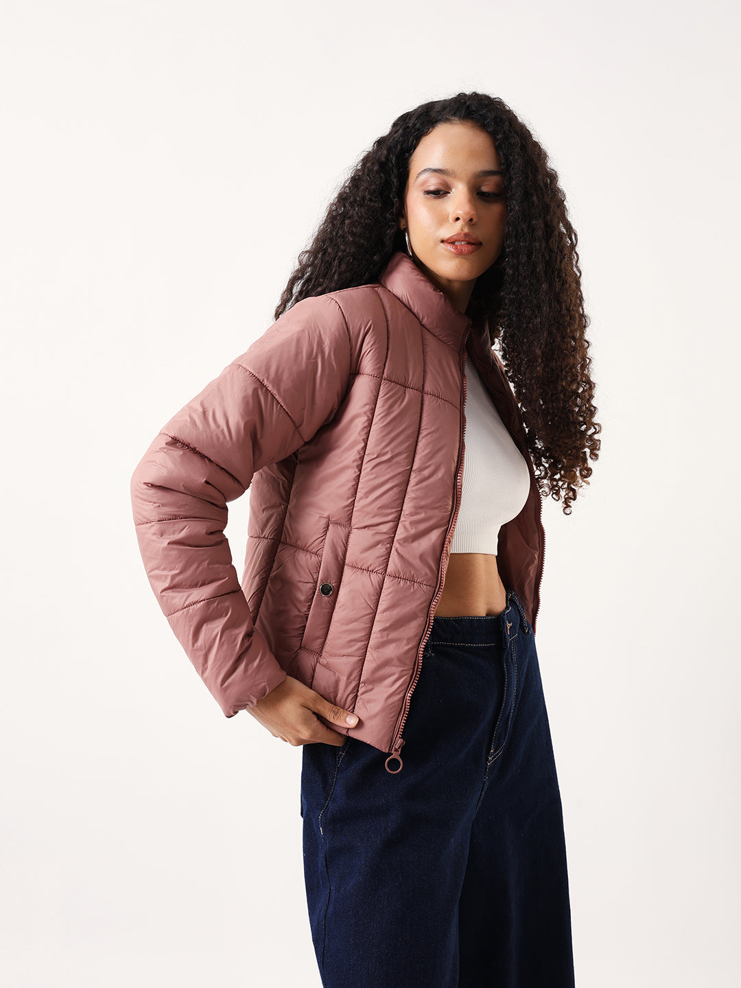 DL Woman Dusty Pink Solid Stand Collar Full sleeves Puffer Jacket