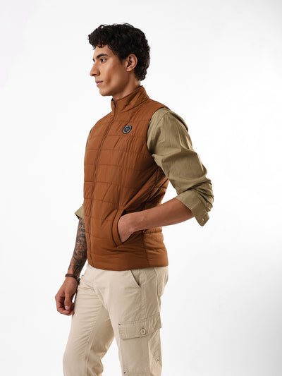 Men's Brown Solid Mock Neck Sleeveless Gilet Jacket