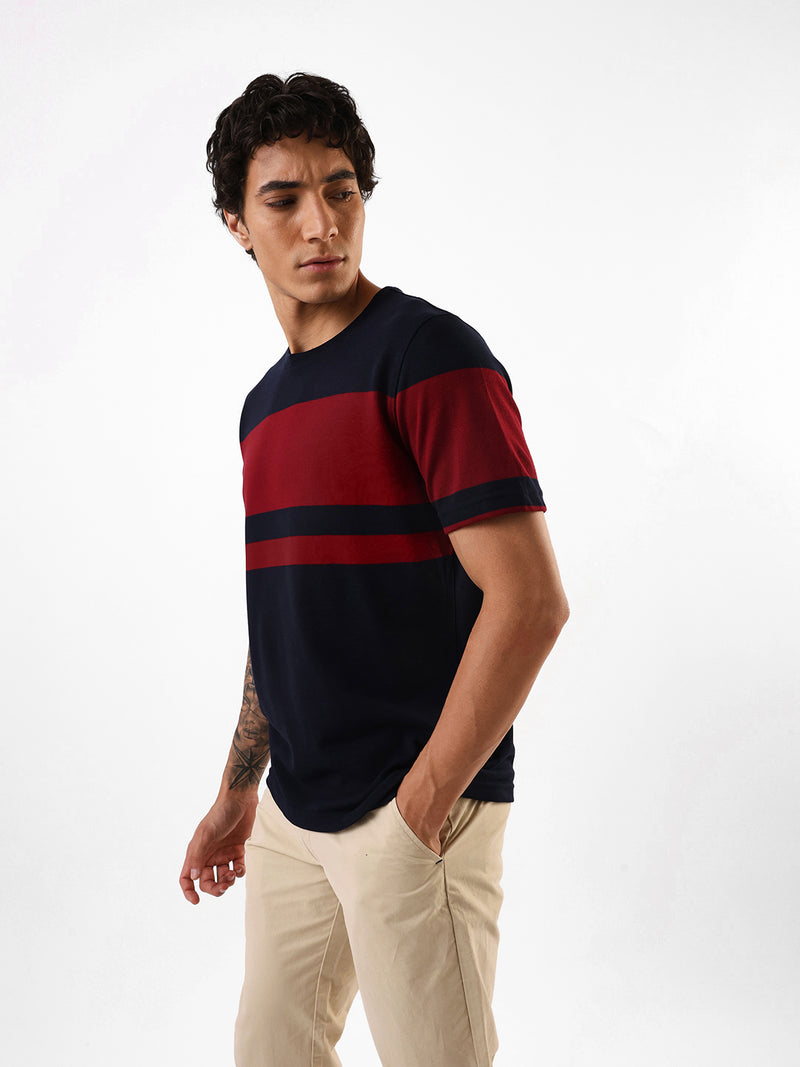 Men's Navy & Red Striped Round Neck Relaxed Fit T-shirt