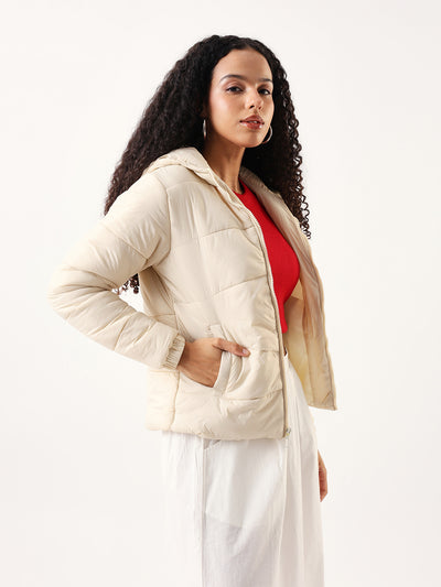 DL Woman Off White Hooded Full Sleeves Puffer Jacket