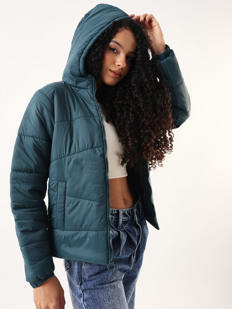 DL Woman Dark Green Hooded Full Sleeves Puffer Jacket