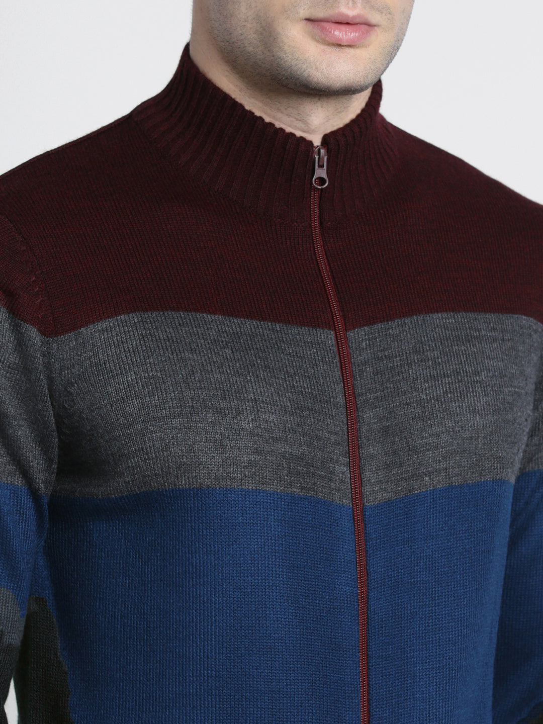 Dennis Lingo Men's Maroon Solid Mock Full Sleeves Full Zip Sweater